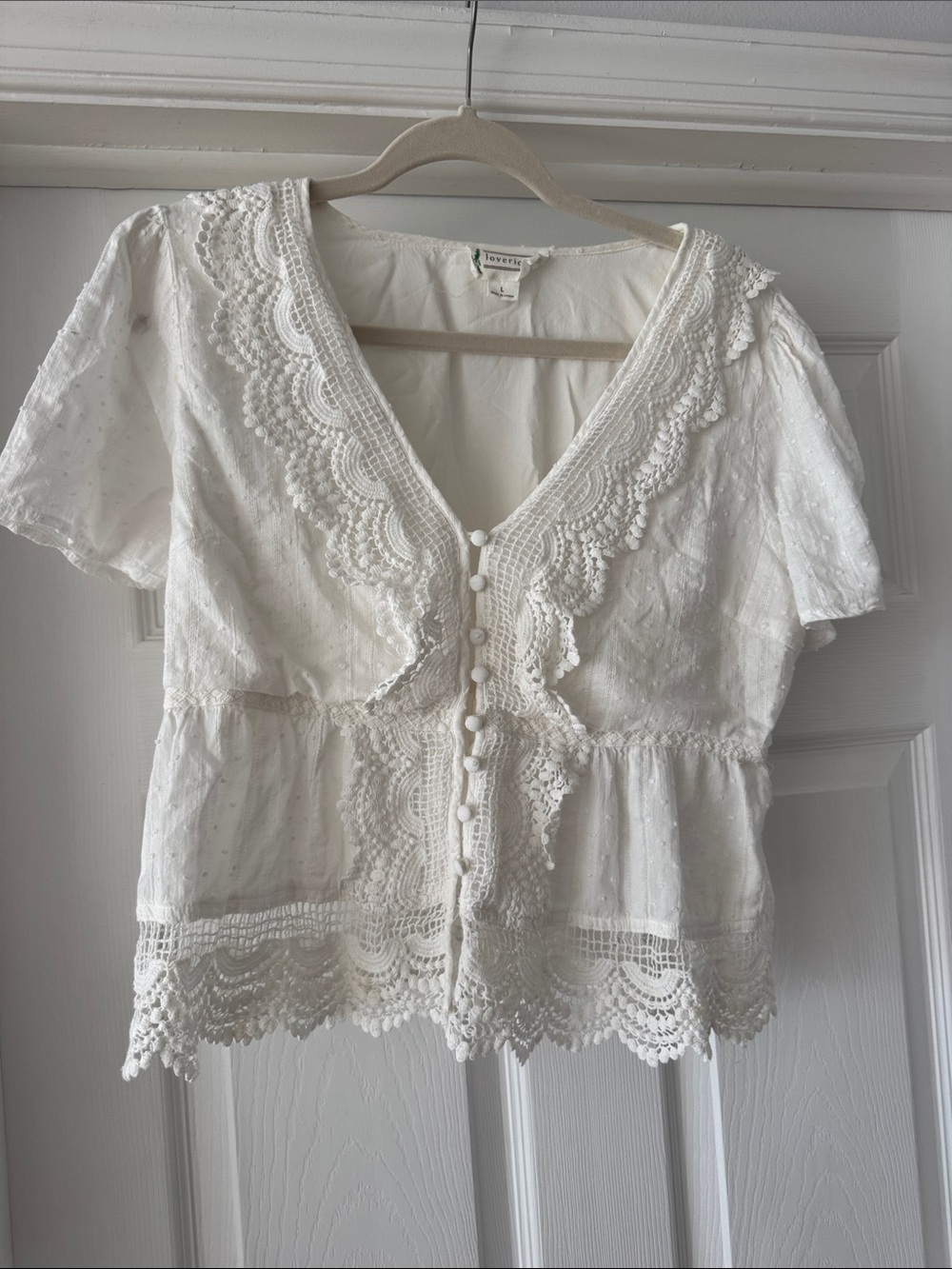 Love Riche White Crochet-Trim Button Front Peplum Top
